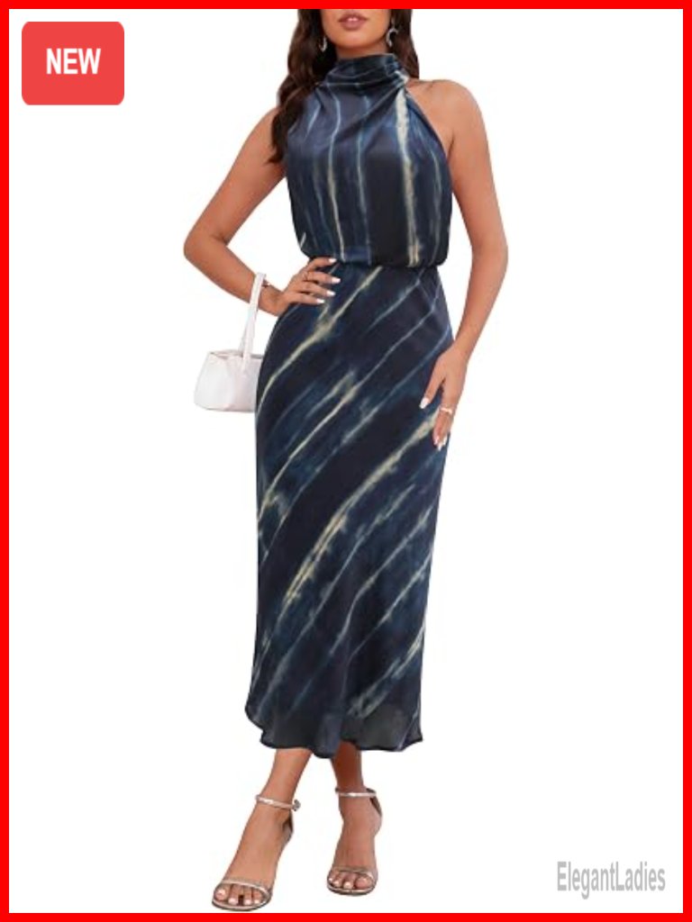 Elegant Satin Maxi Dress Sleeveless Mock Neck Formal Cocktail Party
